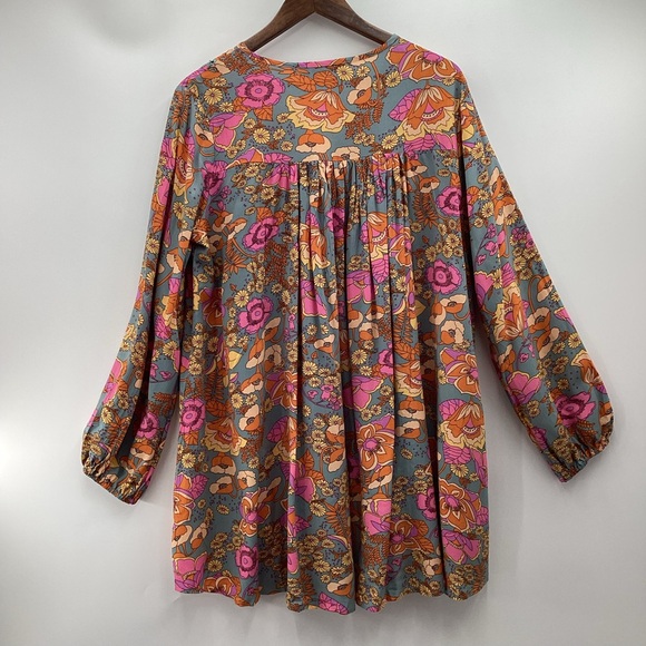 Floral Hippie Long Sleeve Mini Dress in Pink and Orange - Picture 3 of 13